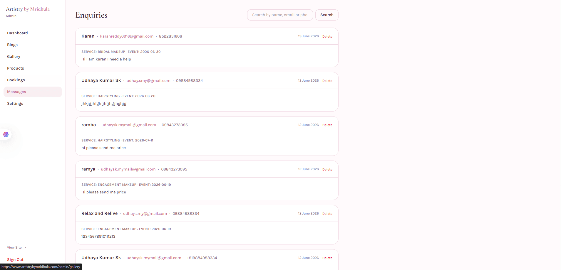 Enquiries inbox with search