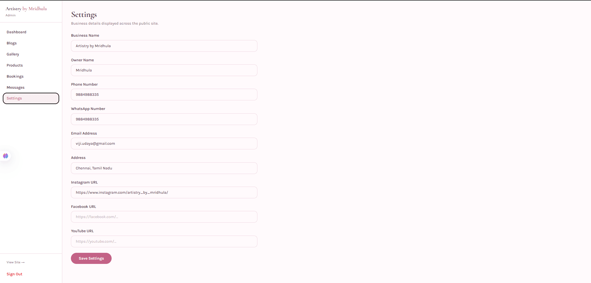 Settings page for business details