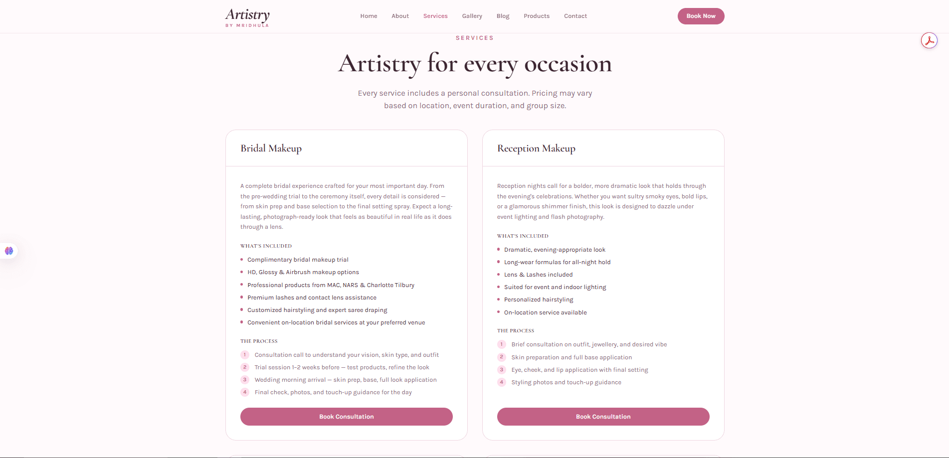 Services page with detailed Bridal and Reception Makeup cards