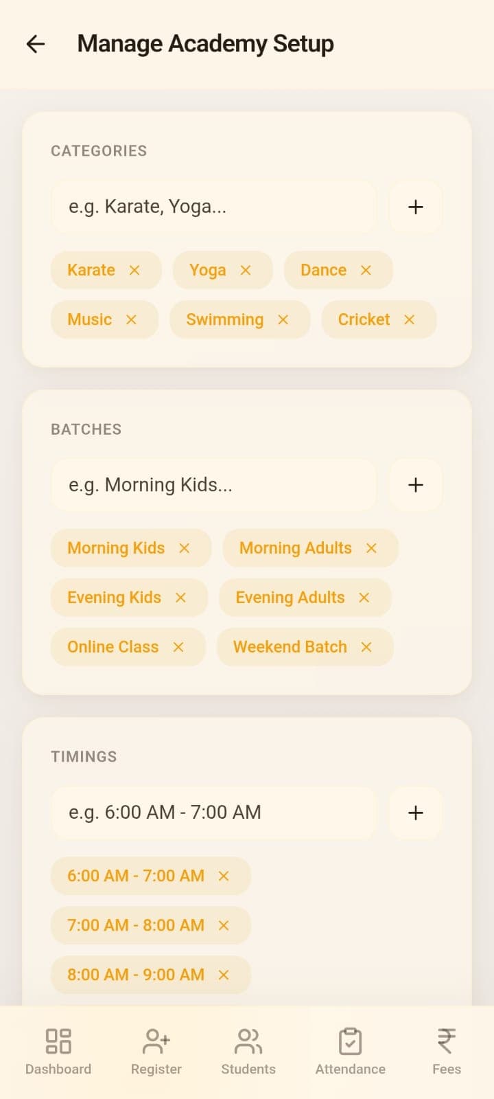 Manage academy setup screen