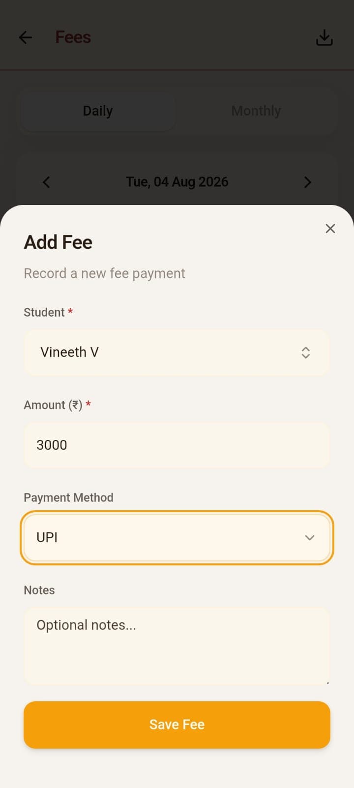 Add fee modal