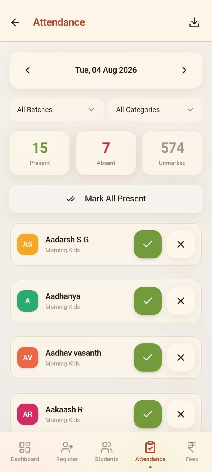 Attendance marking screen