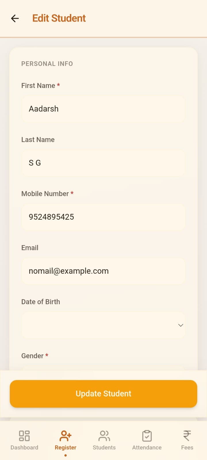 Edit student form