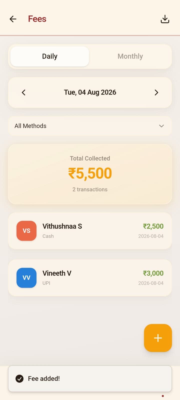 Fees daily view