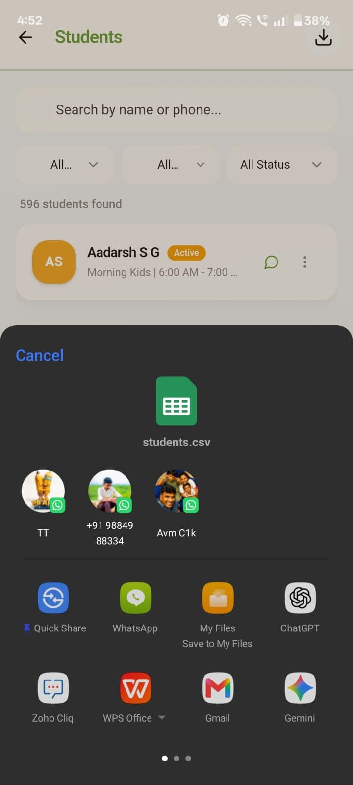 Students list export share sheet