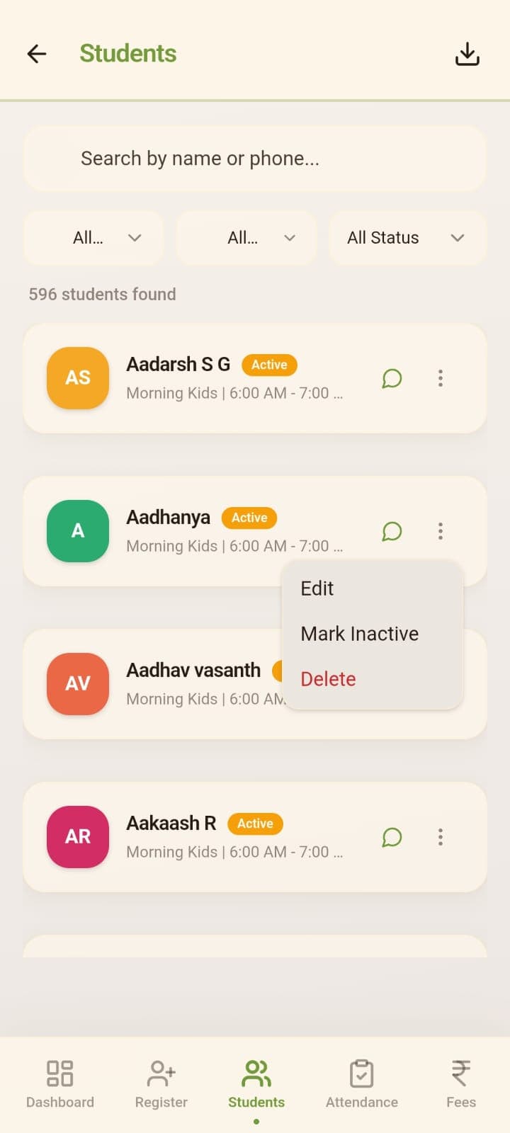 Students list with context menu