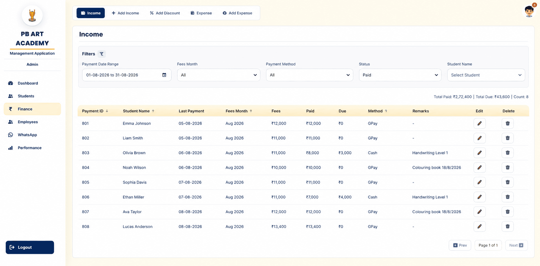 Income list for August 2026 with 8 paid entries