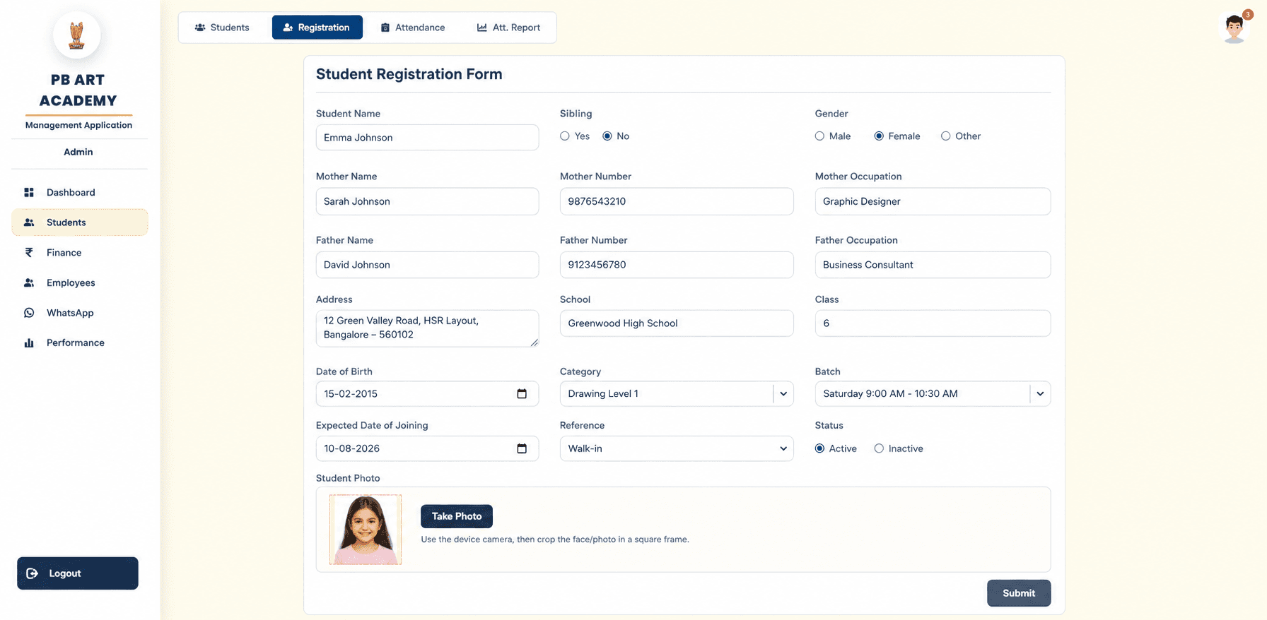 Student registration form