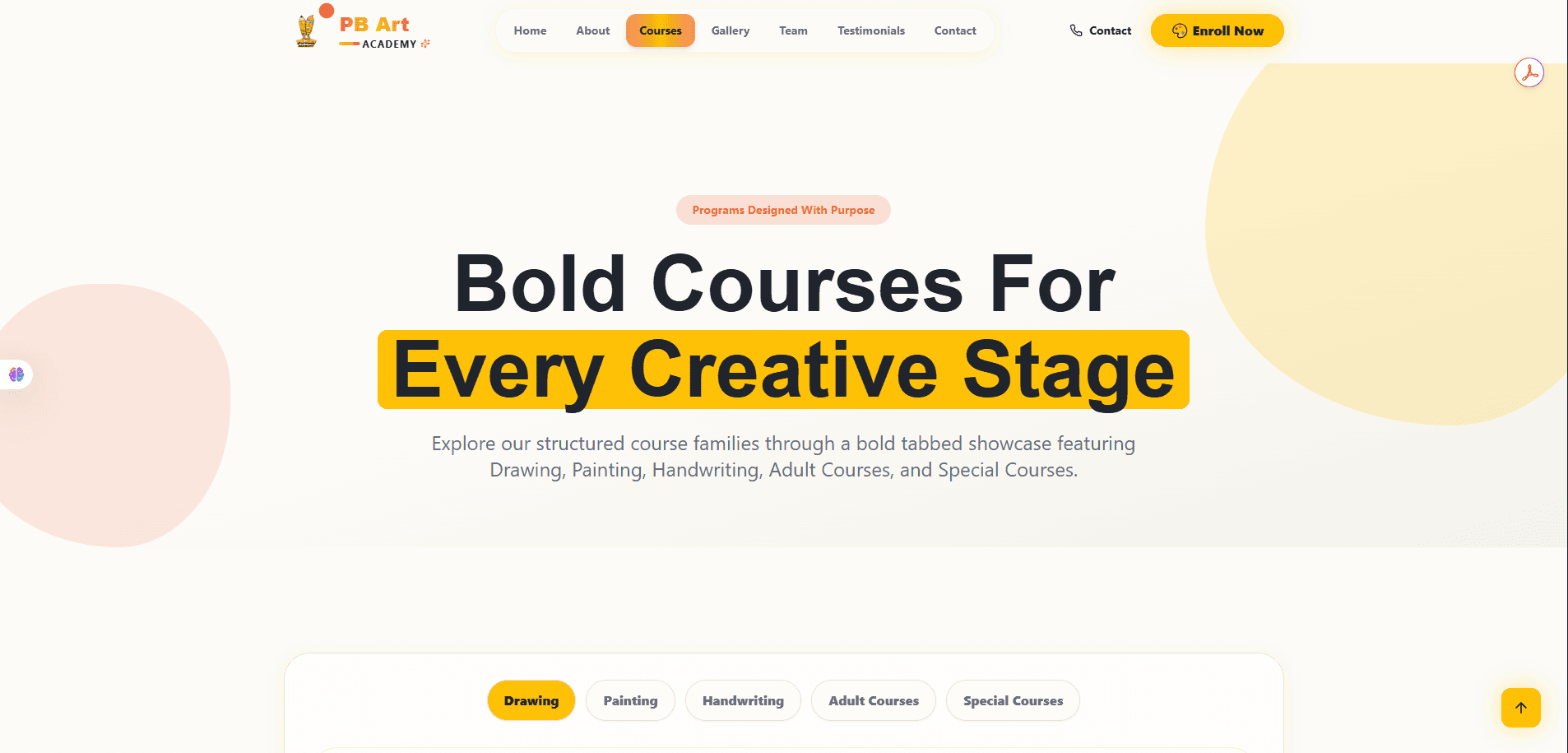 Courses page hero with category tabs