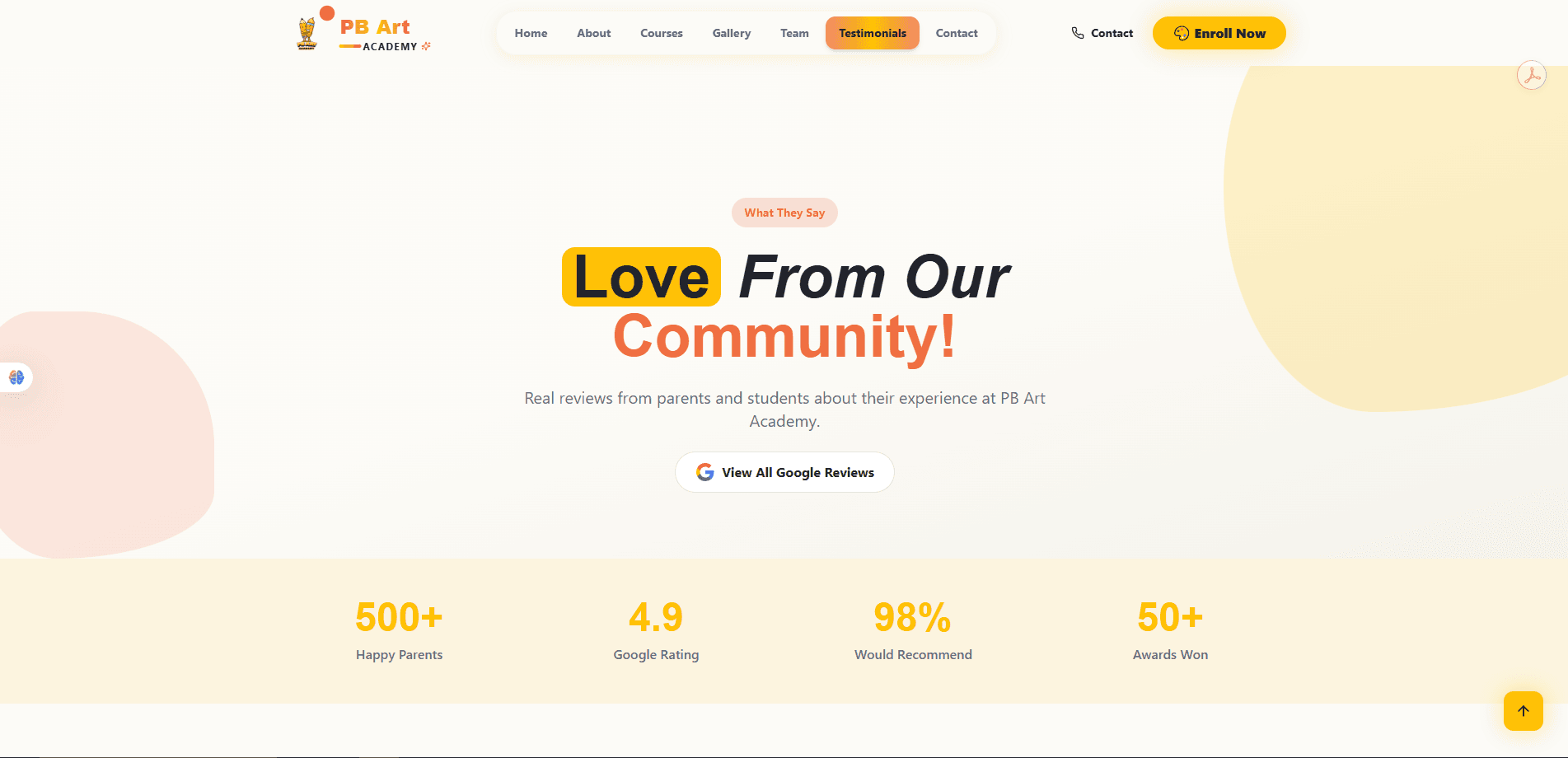 Testimonials page hero with trust stats