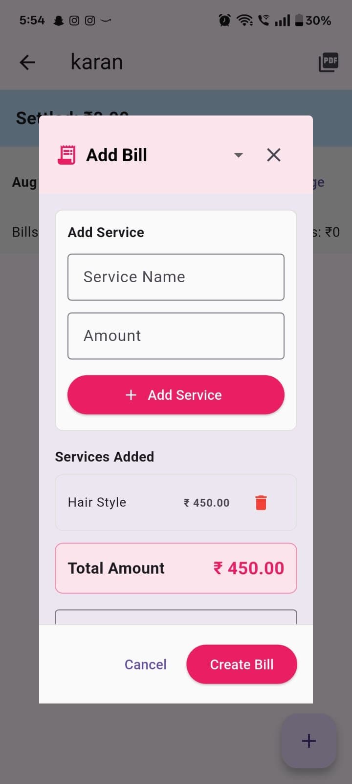 Add bill dialog with itemized services