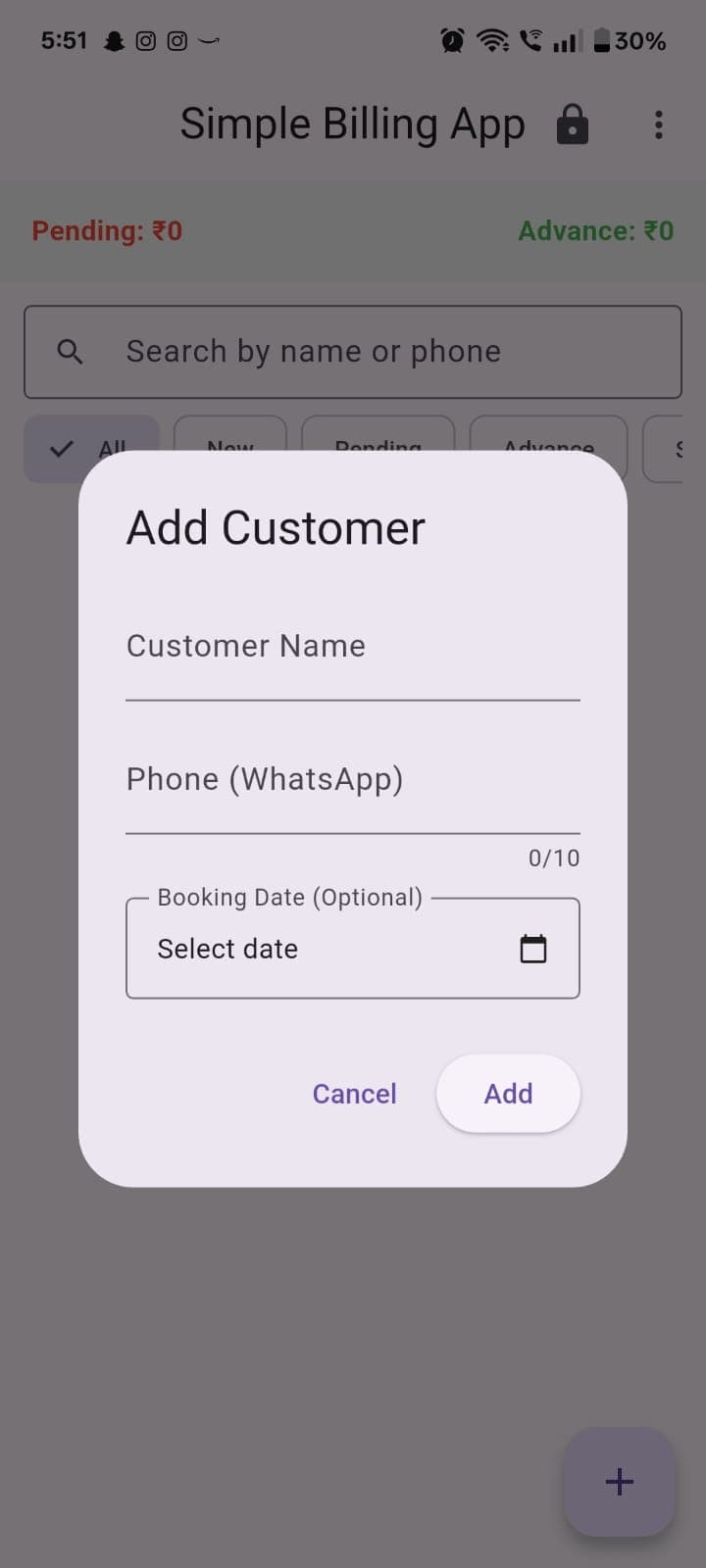 Add customer dialog