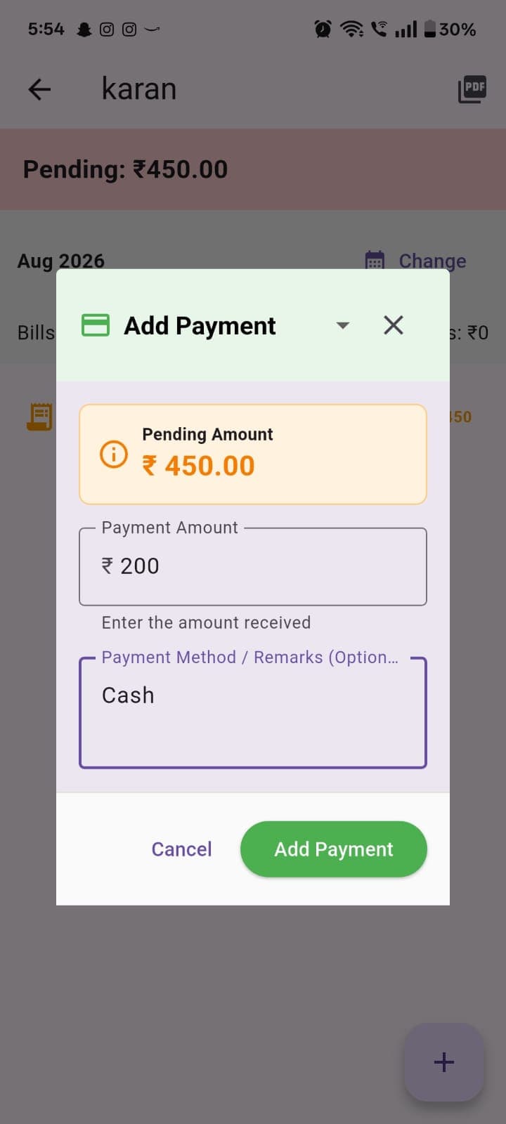 Add payment dialog with pending amount context