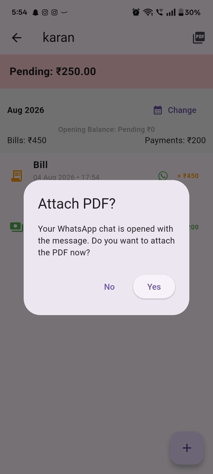 Attach PDF confirmation after opening WhatsApp