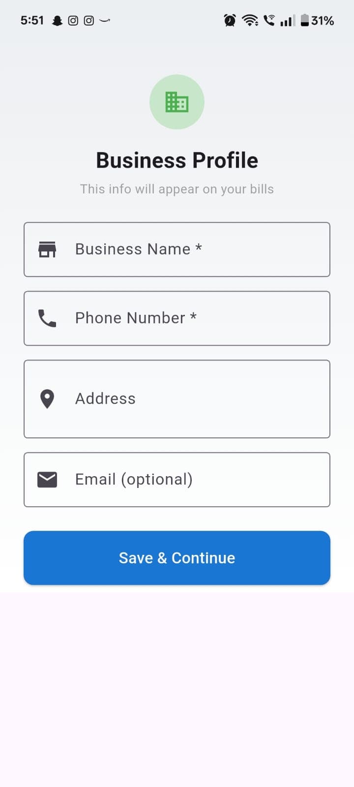 Business profile setup wizard