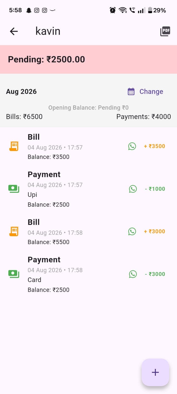 Customer ledger detail screen with multiple entries