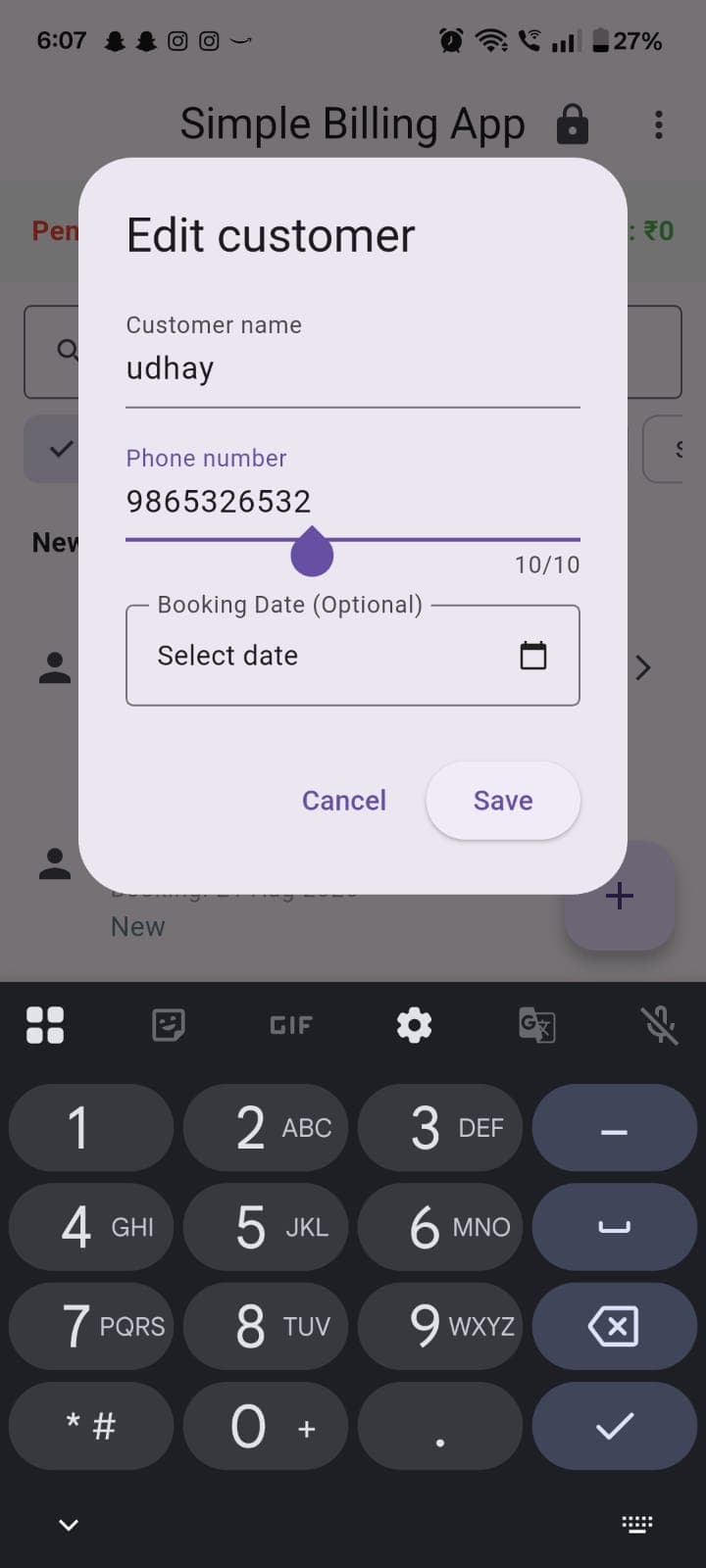 Edit customer dialog