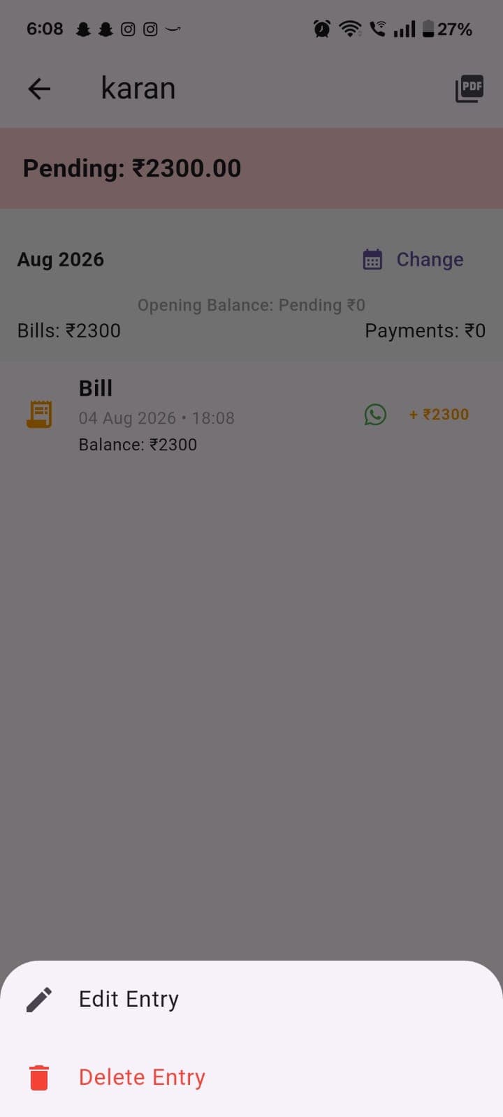 Edit or delete entry action sheet