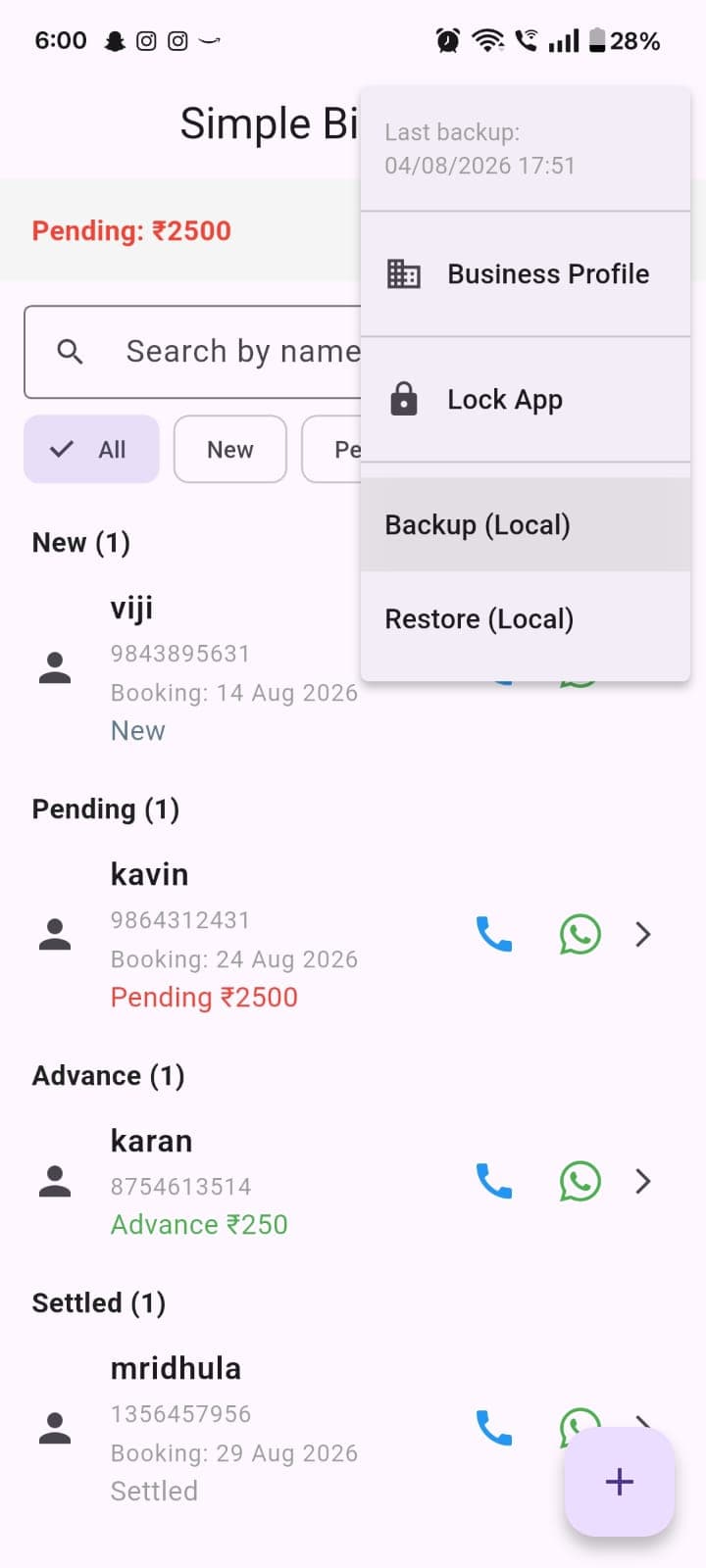 Overflow menu with backup, restore and profile options
