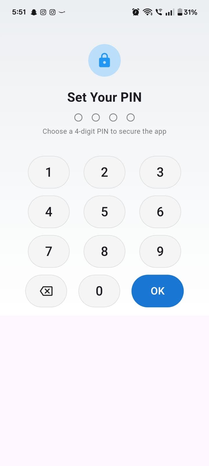 Set PIN screen, first run