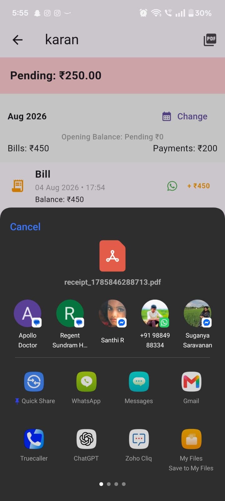 Native Android share sheet for a receipt PDF