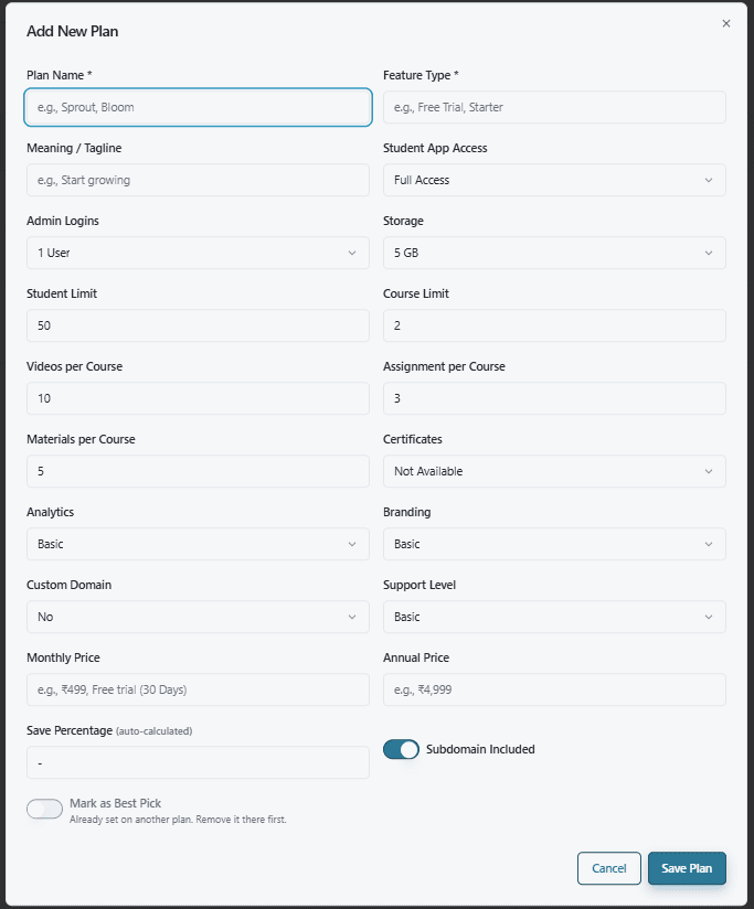Creating a new subscription plan with pricing and limits