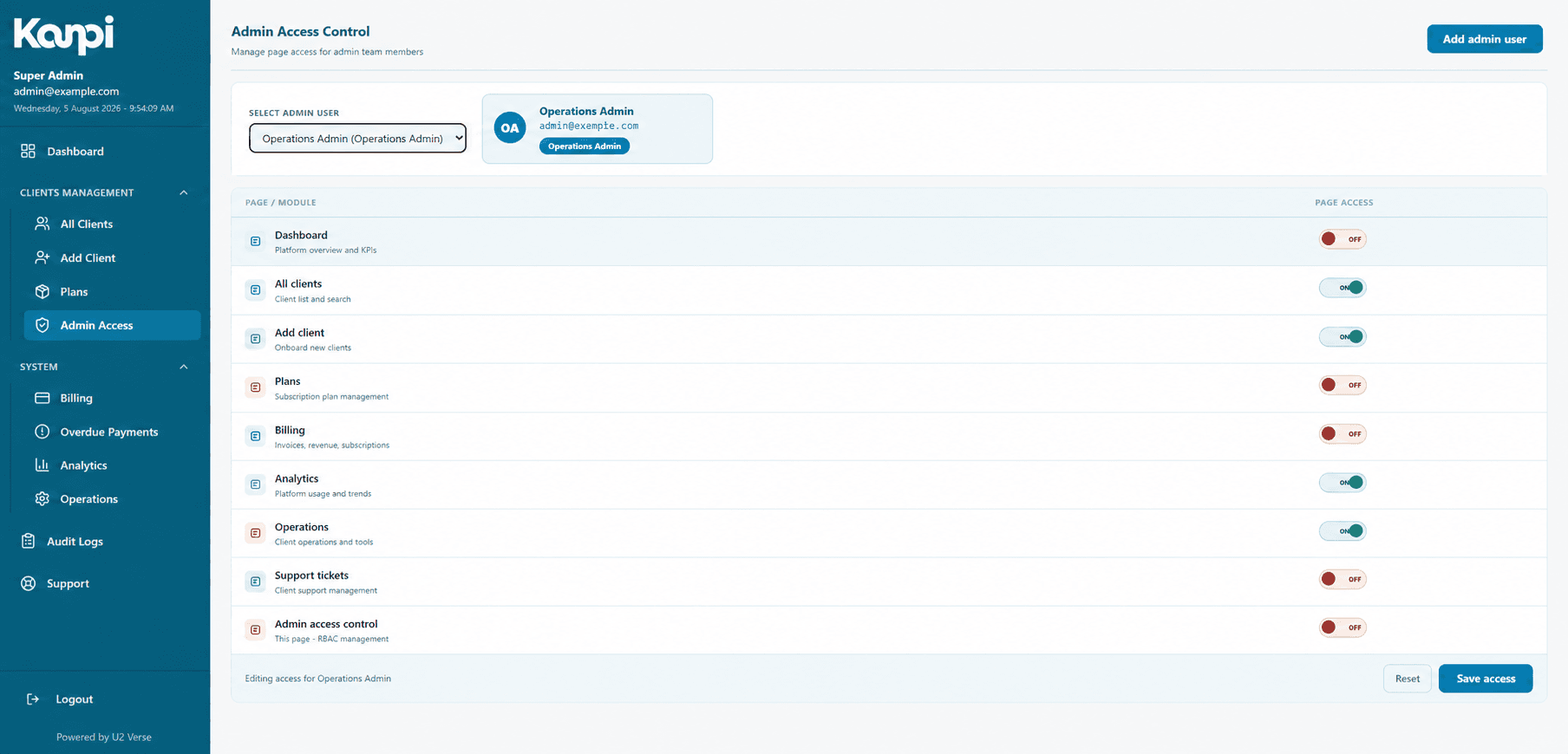 Fine-grained admin permissions and page access