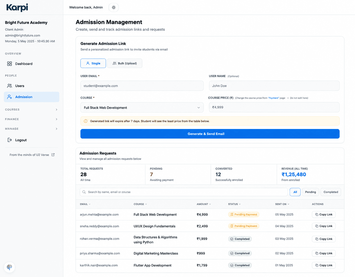 Generating a single-student admission link