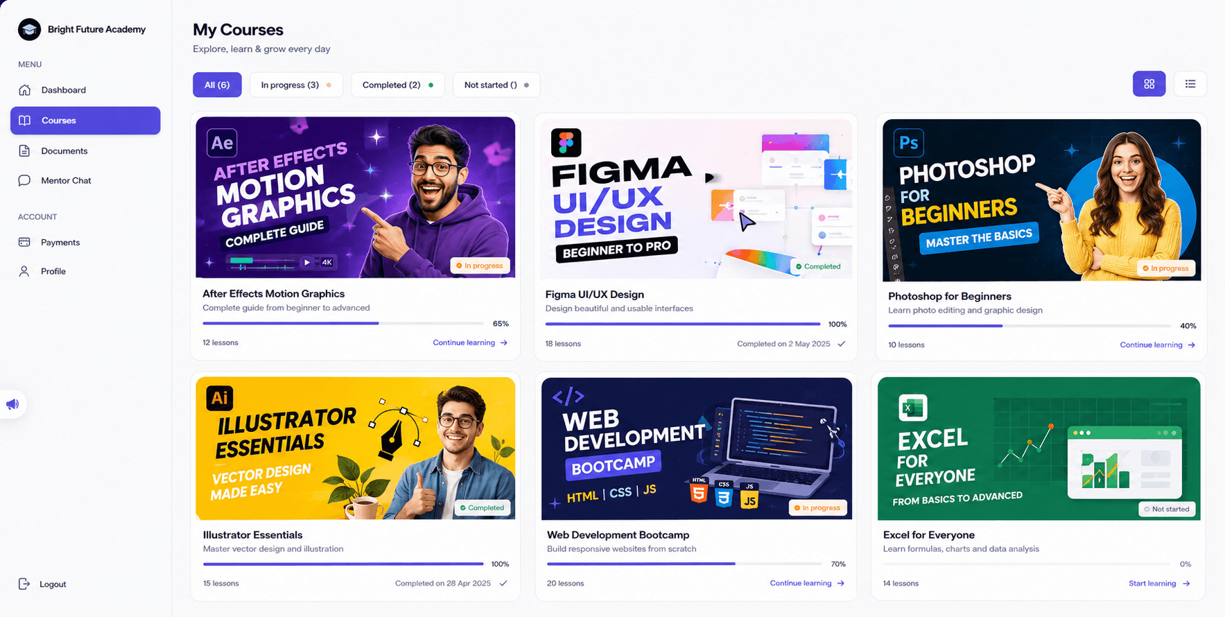 Enrolled courses with progress on the student web app