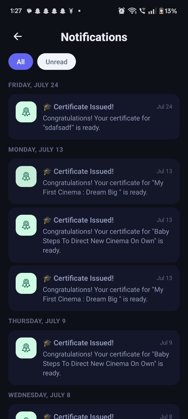 Notification center on the student mobile app