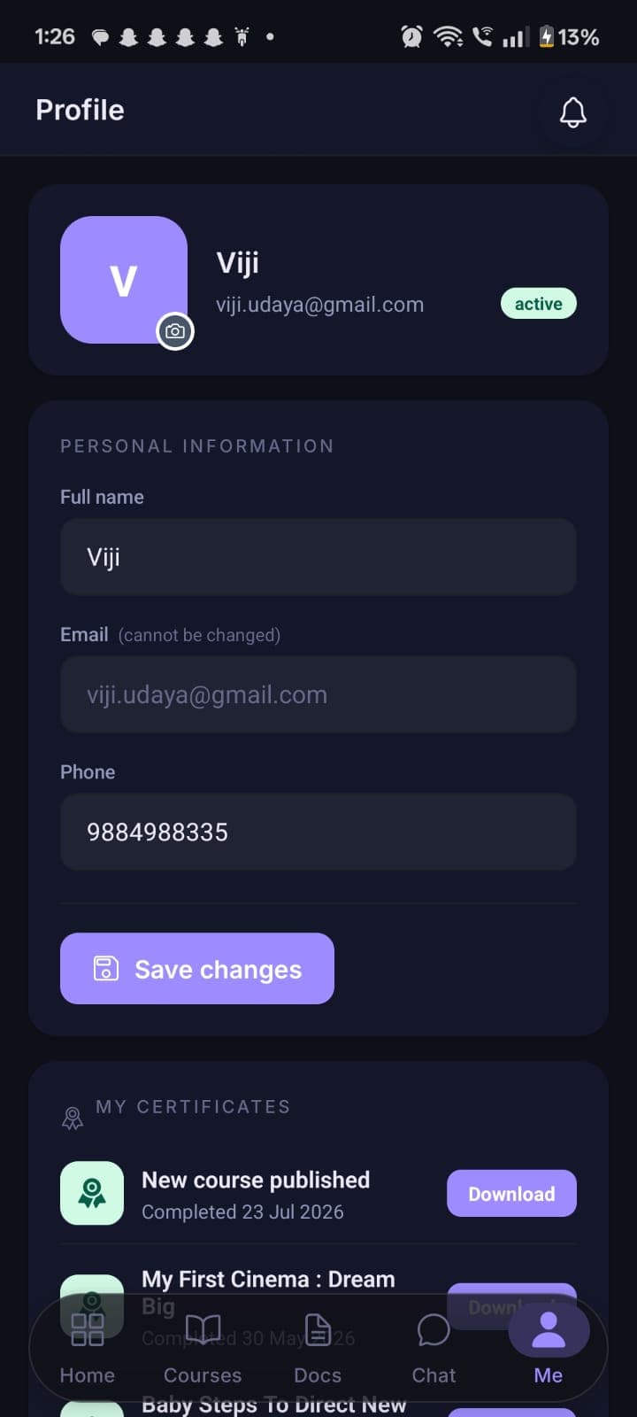 Profile screen on the student mobile app
